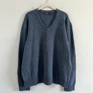 Polo Ralph Lauren Lambs Wool V Neck Blue Knit Pullover Mens Sweater